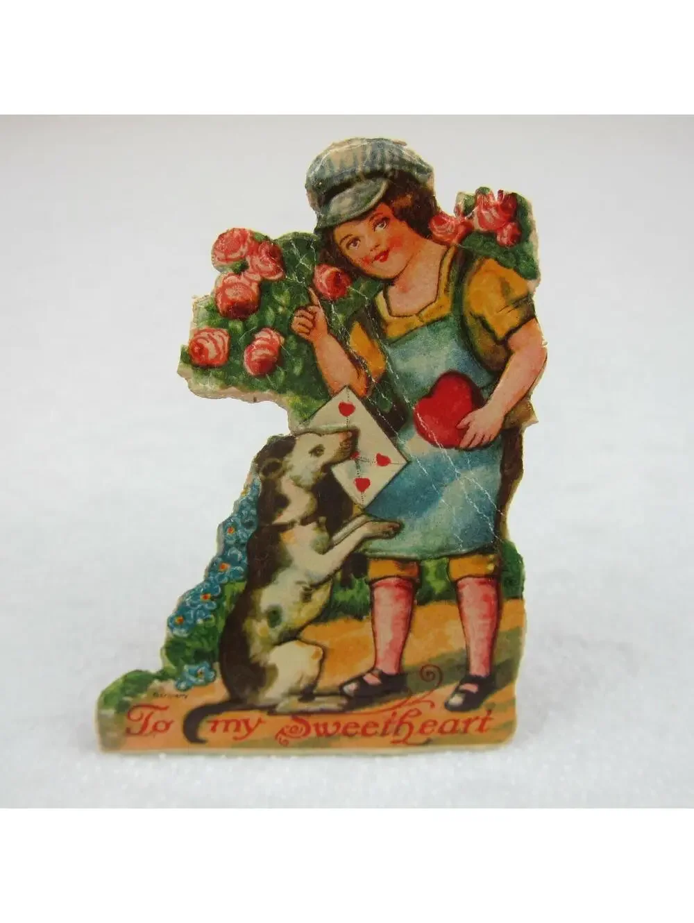 Vintage Valentine Die Cut Stand Up Boy & Dog Heart Rose Bush 1920s-30s Germany